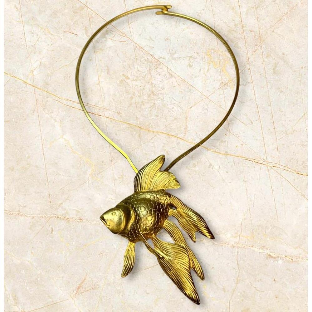 1980s Gold Tone Goldfish Necklace Pendant Brooch Rare Vintage Satin